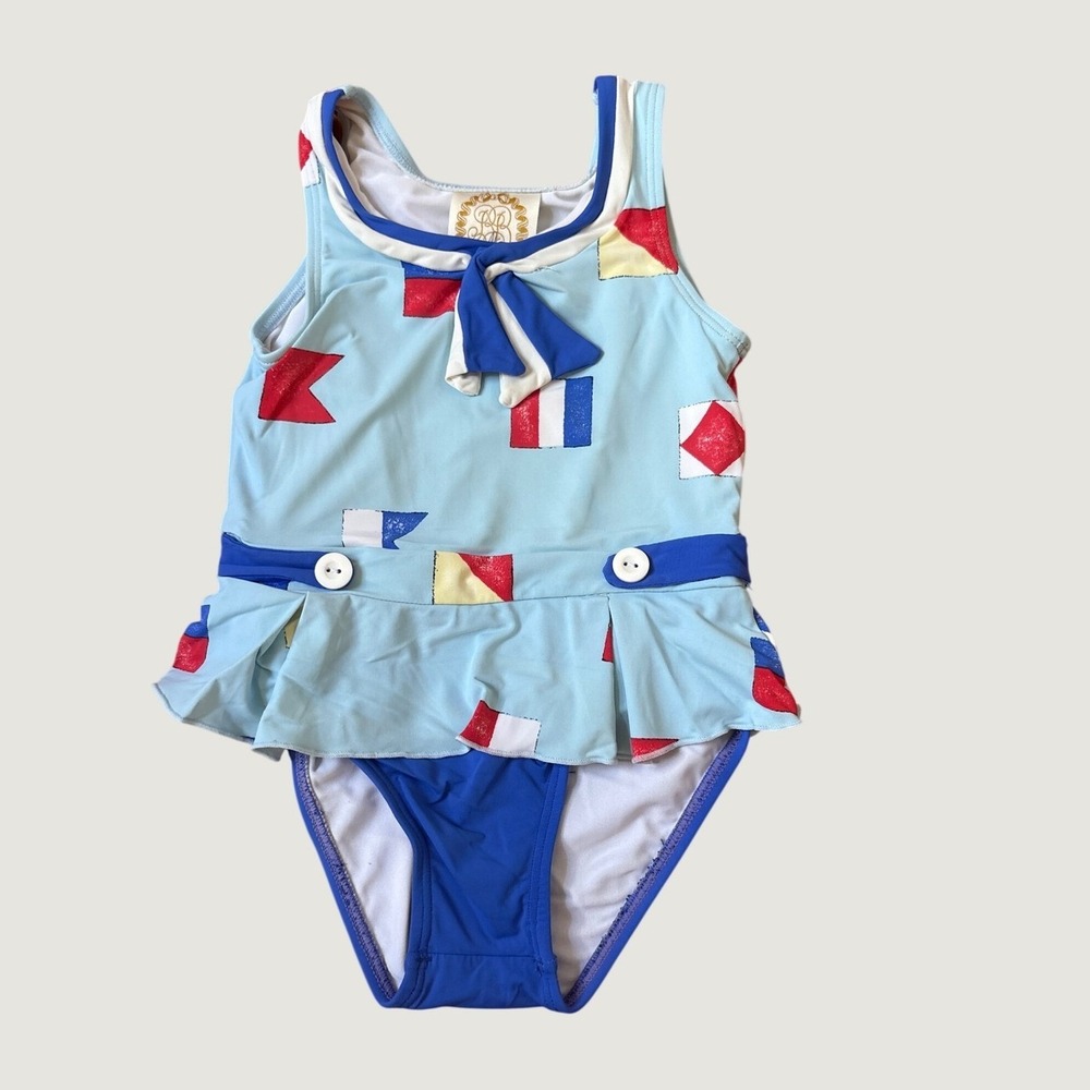 The Beaufort Bonnet Company Swimsuit Girls Blue Nautical Flag Peplum SIZE 2T